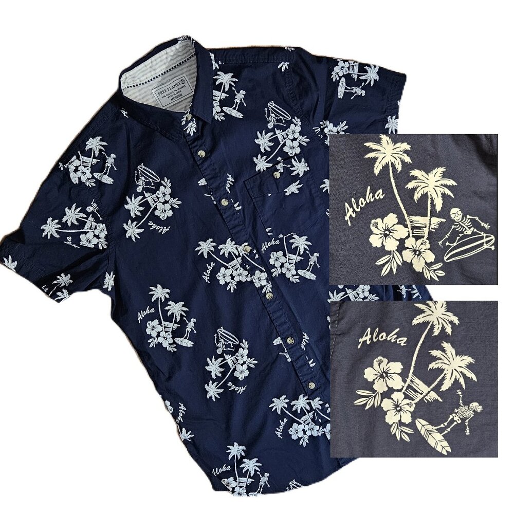 Free Planet Men’s Aloha Tropical Surfing Skeletons Button Down Sports Shirt